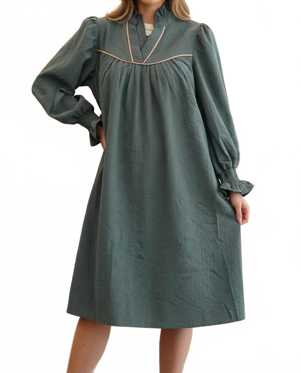 NEW UMGEE women's puff sleeve ruffled v neck dress in stone blue